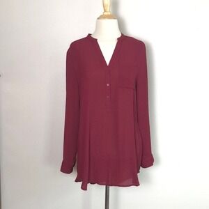 WORTHINGTON Women's Medium Maroon Roll Tab‎ Sleeves Popover Tunic Top Office